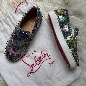 NWT • Christian Louboutin PIK BOAT Sequin Splash Spiked Stud Sneaker Size: 35